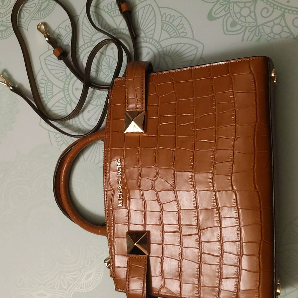 Michael Kors Karl small animal print tote in tan with detachable crossbody strap